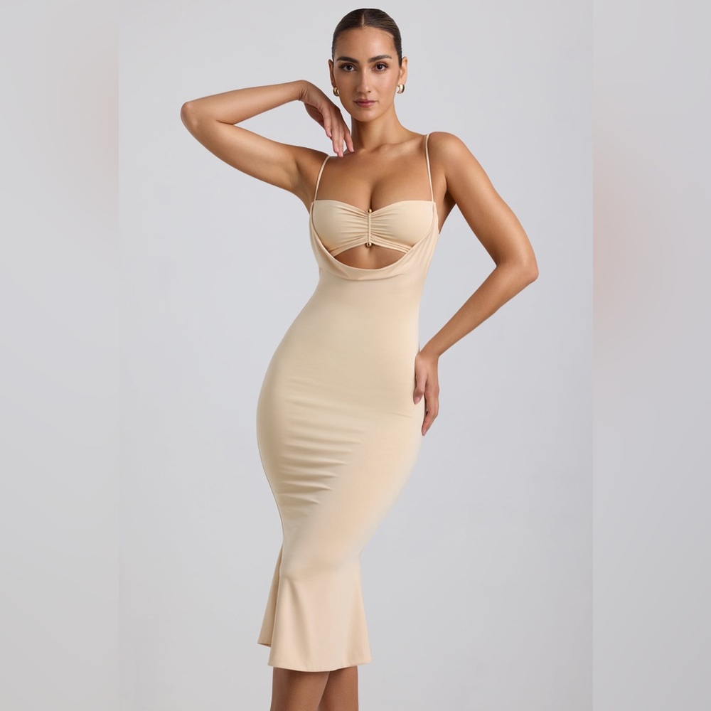 Oh Polly Julane Slinky Jersey Ruched Cut-Out Midaxi Dress in Buttercream Size 4 - Picture 2 of 15